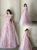 Retro A Line Spaghetti Strap Lilac Tulle Lace Fitted Long Prom Dresses Prom Gowns HZ0311