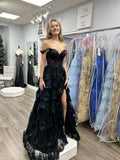 Sparkly Ball Gown Off The Shoulder With Lace Slit For High School Teens Girls Prom Dresses Sequin Long Formal Evening Party Gowns HZ0311