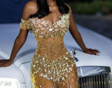 Gold Off Shoulder Sweetheart Silver Gems Floor length Prom Dress HZ0311