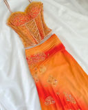 Orange Ombre Straps Two Pieces Sheath Chiffon Long Party Dresses, HZ0427