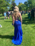 Sparkly Mermaid Strapless Royal Blue Lace Long Formal Gowns Prom Dresses With Appliques Evening Dress HZ0311