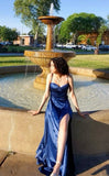 Modest A line Spaghetti Strap Royal Blue Satin With Slit Prom Dresses Long Sweet 16 Birthday Party Dress Evening Dresses HZ0311