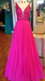 Cute A Line V Neck Hot Pink Tulle Long Prom Dresses Formal Gown Inspo Evening Outfits HZ0311