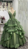 Unique Ball Gown V Neck Green Tulle With Multi Layered Lace Long Prom Quinceanera Dresses Sweet 15 16 Birthday Gown HZ0311