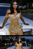 Gold Off Shoulder Sweetheart Silver Gems Floor length Prom Dress HZ0311