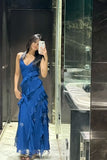Modest A Line Spaghetti Straps Blue Ruffled Prom Dresses Long Bridesmaid Dress HZ0311