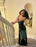 Simple Mermaid Spaghetti Strap Dark Green Satin Slit Prom Dresses For Teens Formal Dress Party Outfits Prom Gowns HZ0311