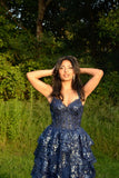 Special Ball Gown Sweetheart Strap Dark Navy Blue Lace With High Slit Sleeveless Long Prom Dresses Inspo Prom Gown HZ0311