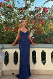 Glamorous Dark Navy V-Neck Strapless Sleeveless Prom Dresses Mermaid With Beads HZ0311