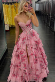 Pink Floral Corset Ball Gown Floral Blush Tiered Chiffon Long Corset Prom Dress with Slit Formal Evening Gowns HZ0311