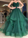 Modest Ball Gown Spaghetti Strap Emerald Green Tulle Prom Dresses Long Sweet 16 Birthday Party Dress Evening Dresses HZ0311