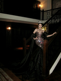 Sparkly Mermaid High Neck Black Sequin With Beads Gem Long Prom Dresses 20th Birthday Outfits HZ0311
