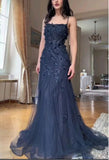 Elegant Mermaid Navy Blue Spaghetti Strap Long Prom Dress Evening Dress HZ0311