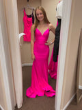 Modest Mermaid Spaghetti Straps Hot Pink Satin For Women Party Dress Long Formal Prom Dresses 22th Birthday Outfits HZ0311