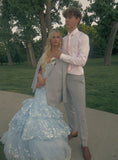 Charming Off The Shoulder Blue Tulle Lace Appliques Layered Mermaid Party Dress Long Evening Gown HZ0311