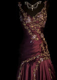 Chic Grape Dresses V-neck A-Line Long Prom Dresses Embroidery Satin Sleeveless Princess Formal Dress HZ0311