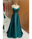 Classy Slim Long Green Satin A line Prom Dress With Straps HZ0311