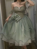 Green Off Shoulder A-Line Floral Short Party Dress Cute Mini Birthday Dress, HZ0427