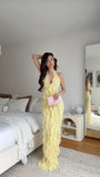 Ruffles Decoration Long Prom Dress Women Halter Low-Neck Backless Sleeveless Vacation Wedding Guest Gown HZ0311