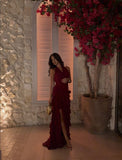 Modest Night Aesthetic Sheath Halter Burgundy Chiffon Ruffles College Formal Outfit Long Prom Graduation Dresses For Teens HZ0311