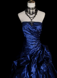 Vintage Ball Gown Strapless Navy Blue Satin Long Prom Dresses Senior Graduation Dance Evening Outfits HZ0311