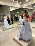 Classy Ball Gown Spaghetti Straps Blue Sequin Backless Inspo For Women Girls Formal Party Gowns Long Prom Dresses HZ0311