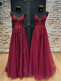 A-Line V Neck Tulle Lace Burgundy Long Prom Dress, Burgundy Long Evening Dress HZ0311