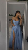 Modest A Line Halter Blue Lace Appliques Slit For Women Party Dress Long Formal Prom Dresses 22th Birthday Outfits HZ0311