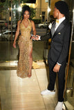 Gold Beaded Halter Mermaid High Split Floor length Prom Dresses Formal Party Gown For Women HZ0311