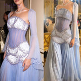 Luxury Baby Blue Pearl Chiffon Prom Dress Princess Birthday Dress For Women HZ0311