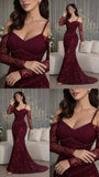 Sexy Mermaid Spaghetti Straps Burgundy Satin With Beaded Lace Sleeves Prom Dresses Long Evening Formal Gown With Pleated Party Gowns HZ0311