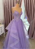 Sparkly Ball Gown Spaghetti Strap Lilac Applique Long Prom Dresses Senior Graduation Dance Evening Outfits HZ0311