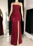 Modest Mermaid Halter Wine Red Sequin Burgundy Prom Dresses With Open Backs Evening Party Formal Gown 17th Birthday Outfits HZ0311