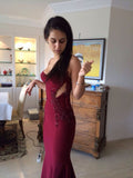Mermaid Burgundy Spaghetti Straps Beaded Long Evening Prom Dresses Formal Dresses HZ0311