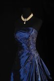 A-Line Navy Blue Strapless Satin Beading Vintage Long Party Dress Evening Dress, HZ0427