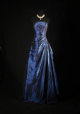 A-Line Navy Blue Strapless Satin Beading Vintage Long Party Dress Evening Dress, HZ0427
