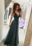 Modest A Line V Neck Straps Green Tulle Prom Dress with Beading Prom Gown HZ0311