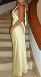 Classy Mermaid V Neck Slim Yellow Silk Satin Long Formal Fancy Prom Evening Dresses Dinner Outfits Classy Party Gown HZ0311