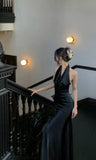 Modest Mermaid Halter Black Satin Backless For Women Party Dress Long Formal Prom Dresses 22th Birthday Outfits HZ0311