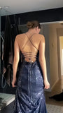 Modest Mermaid V Neckline Spaghetti Straps Ball Dresses Long Formal Gowns Black Sequin Slit Prom Dresses Evening Gowns HZ0311