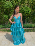 Classy A Line Dark Royal Blue Spaghetti Strap Tiered High Waist Prom Dresses HZ0311