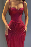 Hot Pink Glitter Bodycon Prom Dresses 2026 with Sweetheart Neck Spaghetti Straps Ruched Side Slit Vestidos Evening Gowns HZ0311