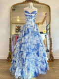 Pink Floral Corset Ball Gown Floral Blush Tiered Chiffon Long Corset Prom Dress with Slit Formal Evening Gowns HZ0311