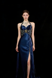 Luxury Mermaid Navy Blue Beaded Slit Evening Dress Formal Prom Dress For Party Gown HZ0311