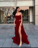 Sexy Mermaid Straps Red Satin With Slit Beads Evening For Women Party Dresses Long Formal Prom Dresses 21st Birthday Gowns HZ0311