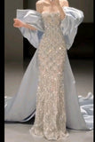 Charming Mermaid Strapless Champagne Sequins Long Prom Dresses With Beadings Party Dress For Women HZ0311