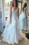 Unique Ball Gown V Neckline Light Sky Blue Tulle Lace Prom Dresses Formal Long Tiered Evening Party Gowns Vestidos De Dia HZ0311