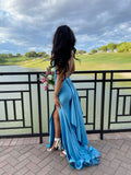 Modest Mermaid Spaghetti Straps Backless Blue Satin For Women Party Dress Long Formal Prom Dresses 22th Birthday Outfits HZ0311