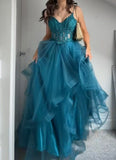 Modest Ball Gown Spaghetti Straps Teal Blue Tulle With Appliqued Long Prom Dress Evening Formal Gowns For Teens HZ0311