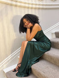 Simple Mermaid Spaghetti Strap Dark Green Satin Slit Prom Dresses For Teens Formal Dress Party Outfits Prom Gowns HZ0311